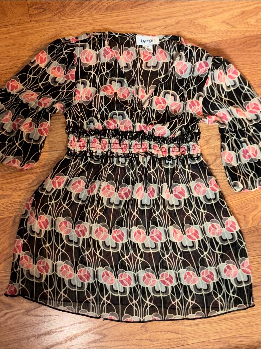 byer girl Floral V-Neck Sheer Top - Black with Pink & Gray Flowers
